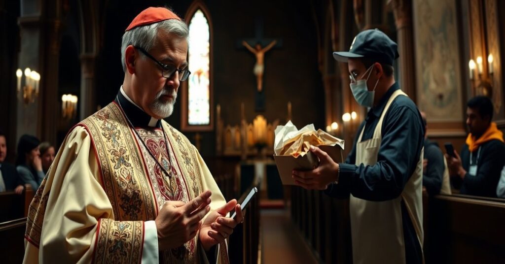 Mężczyzna w tradycyjnym stroju kościelnym modlący się w kaplicy z krzyżem i świecami
