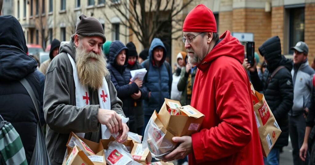Kobieta katolicka dystrybuuje żywność i leki w Kijowie podczas wojny, ale akcja nie zawiera elementów religijnych ani głoszenia Chrystusa jako Króla.