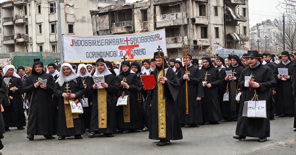 Procesja katolicka w Charkowie z distribucją tradycyjnej pomocy duchowej i materialnej przez kler sede Vacante.
