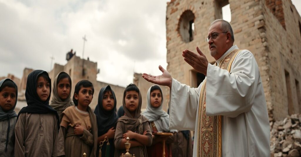 Grupa osieroconych dzieci w Strefie Gazy stoi przed zniszczonym budynkiem z katolickim księdzem trzymającym monstrancję z Najświętszym Sakramentem.