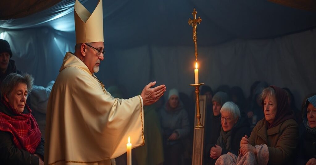 Katoliccy duchowni udzielają sakramentów uchodźcom w schronieniach na Ukrainie podczas humanitarnego kryzysu