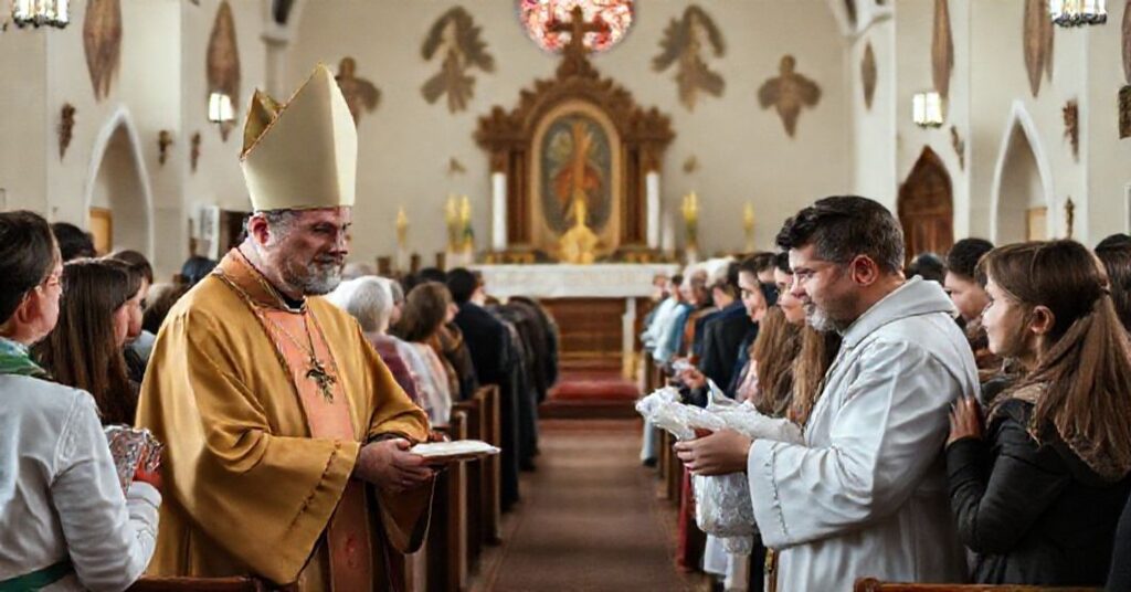Traditionalny katolicki scenariusz przedstawiający księdza Leszka Krycę i 'biskupa' Jana Sobilo rozdający pomoc w ukraińskim kościele z nowoczesnymi elementami liturgicznymi i młodzieżą.