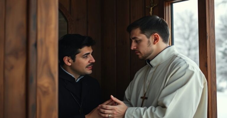 Księż w konfesjonału słucha młodego człowieka walczącego z nieczystościami; scenografia sakralna z krzyžm.