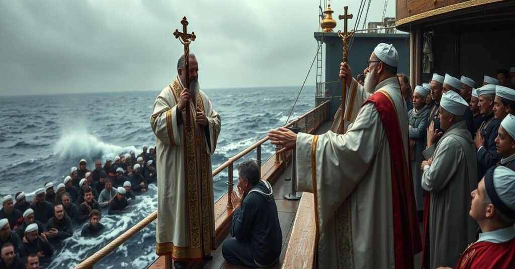 Szkice katolickiego kleru udzielającego sakramentów marynarzom uwięzionym na statkach przy Cieśninie Ormuz