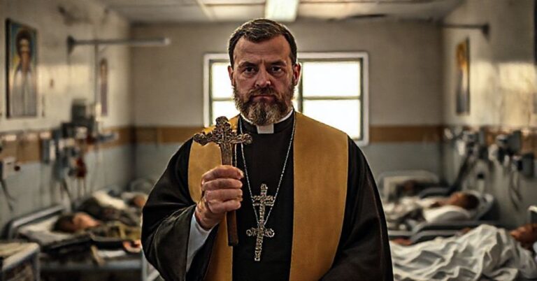 Katolicki ksiądz w tradycyjnym stroju liturgicznym w szpitalu na Ukrainie, dający pocieszenie ranym żołnierzom