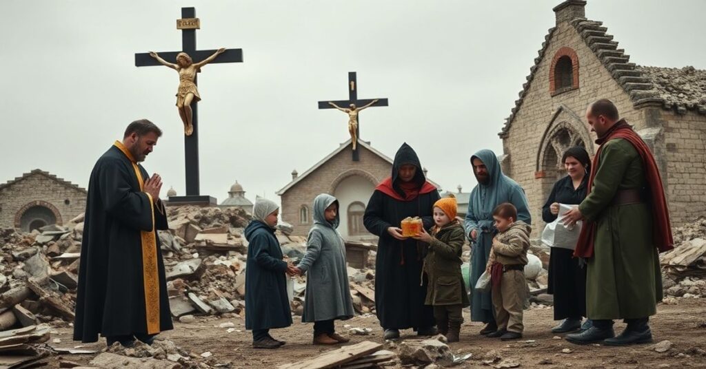 Tradycyjna katolicka pomoc humanitarna na Ukrainie - sceny zniszczenia i modlitwy