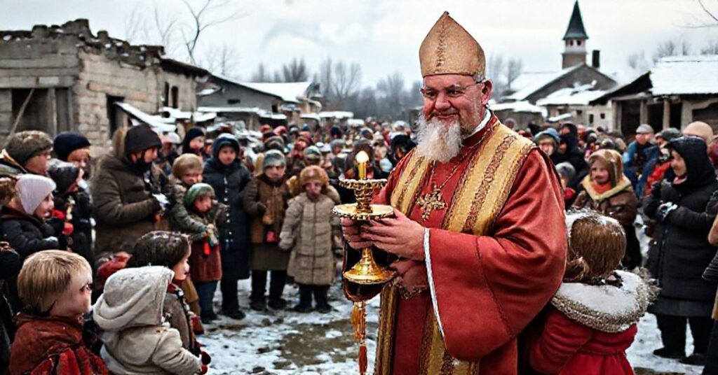 Ksiądz w tradycyjnych habitach stoi w zniszczonej wiosce ukraińskiej z monstrancją, otaczają go dzieci i staruszki szukające duchowej i materialnej pomocy