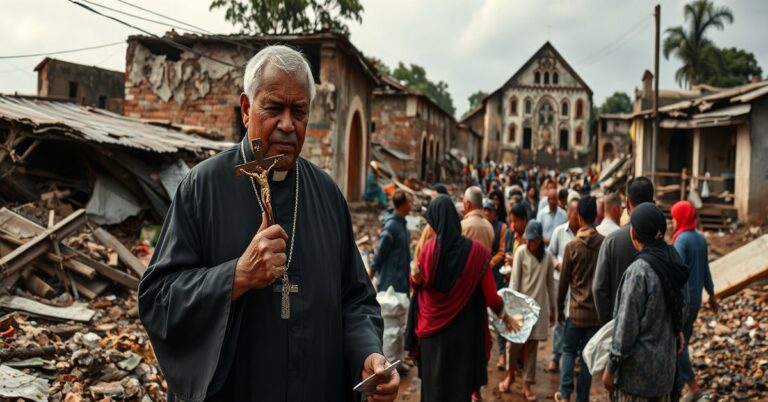 Katolicki książ w tradycyjnym habitach pomaga ofiarom powodzi w Indonezji, trzymając krucyfiks przy rozdawaniu żywności. Na tle widoczne zburzone kościoły.