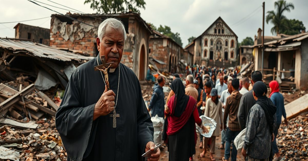 Katolicki książ w tradycyjnym habitach pomaga ofiarom powodzi w Indonezji, trzymając krucyfiks przy rozdawaniu żywności. Na tle widoczne zburzone kościoły.