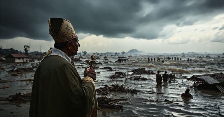 Powszechny widok powodzi w Sumatrze z katolickim księdzem modlącym się z Najświętszym Sakramentem na pierwszym planie