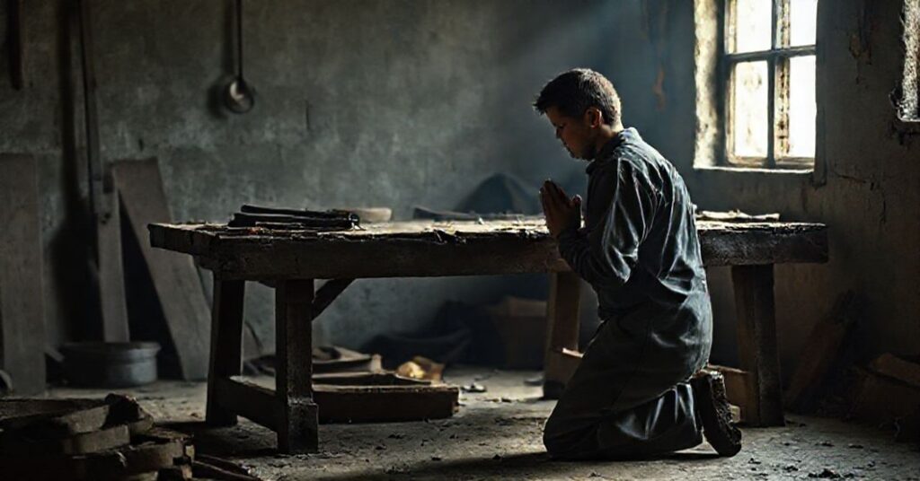 Pracownik katolicki modlący się przy starym stołku roboczym, symbolizując walkę z materialistycznym redukcjonizmem eksperymentów pracy.