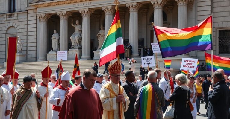 Katolicka procesja przechodzi obok budynku rządowego, gdzie aktywiści LGBT trzymają flagę Pride, symbolizując konflikt między prawdziwą wiarą a nowoczesną herezją