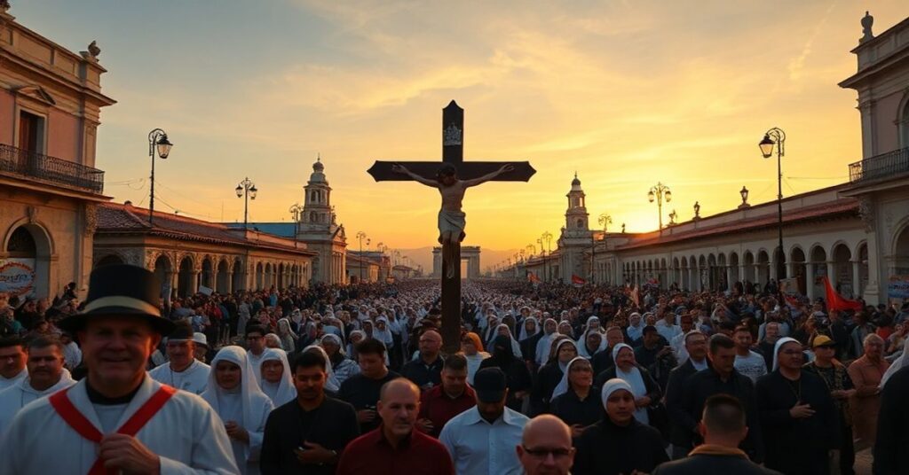 Tradcyjna katolicka procesja w mieście amerykańsko-łacińskim z traditionally ubranymi klerykiem i zakonnicami oraz krzyżem na środku.