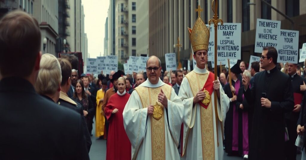 Uroczysty katolicki procesja ku czci Najświętszej Maryi Panny i Najświętszego Sakramentu w amerykańskim mieście. W tle protestanci pod wodzą Douga Wilsona potępiają procesję jako 'bałwochwalstwo'.