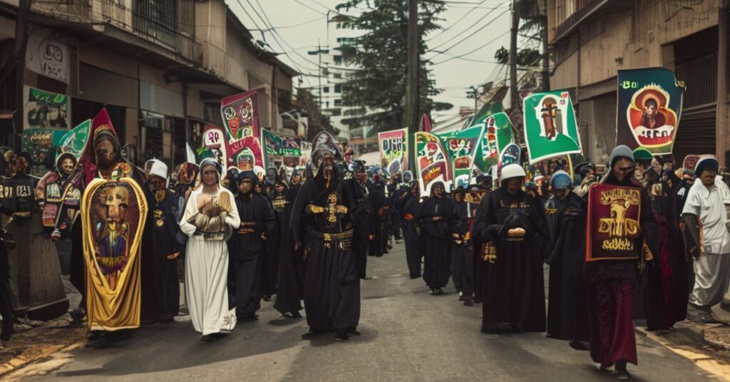 Procesja katolicka w Brazylii z biskupami w tradycyjnych szatach liturgicznych, modląca się za nawrócenie grzeszników i przywrócenie panowania Chrystusa. Na tle widoczna jest przemoc policyjna i działalność gangów.