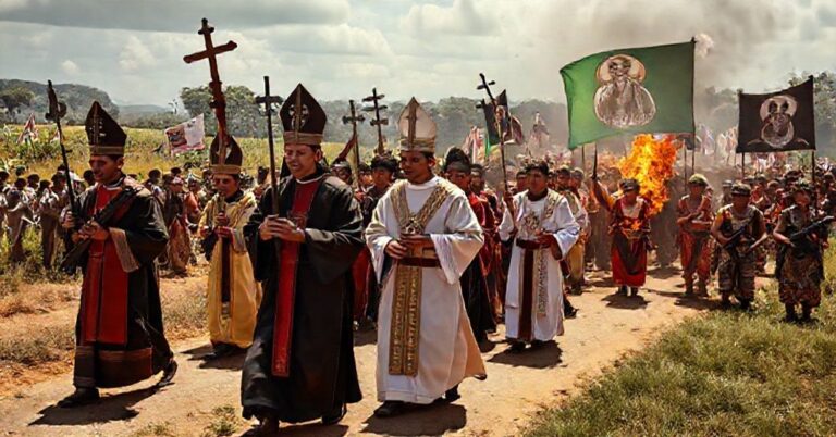 Procesja katolicka w Brazylii z udziałem rdzennych mieszkańców Guarani i duchownych w sutannach, symbolizująca walkę o wiarę i ziemię.