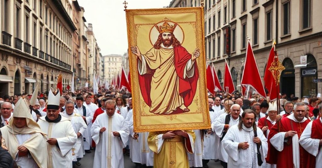 Procesja katolicka z banerem Chrystusa Króla w tradycyjnym mieście europejskim, podkreślająca społeczne panowanie Chrystusa.