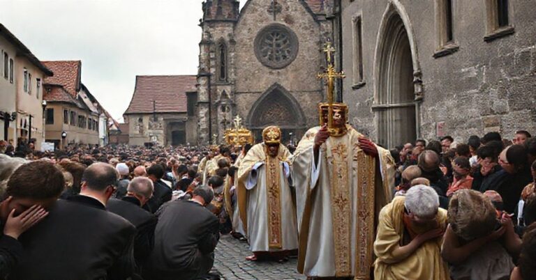 Procesja katolicka z banerem Chrystusa Króla w tradycyjnym mieście europejskim, podkreślająca społeczne panowanie Chrystusa.