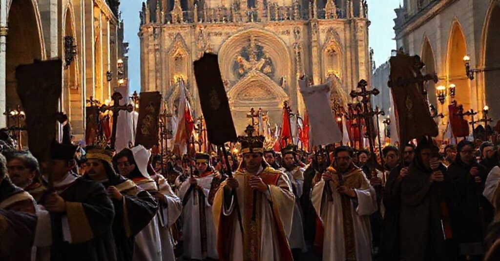 Pogrzeb katolicki z procesją na cześć Chrystusa Króla, z wiernymi niosącymi sztandary i krzyże przed tradycyjnym kościołem europejskim.