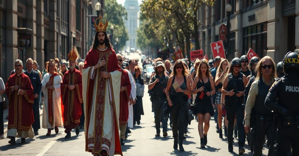 Procesja katolicka z rzeźbą Chrystusa Króla na czele tradycyjnych duchownych w Minneapolis; anarchiści w tle.