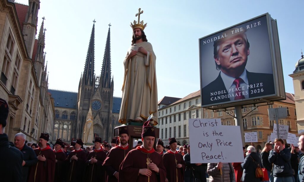 Pogrzebowa procesja katolicka z wielkim posągiem Chrystusa Króla w Europie, kontrastująca z reklamą Donalda Trumpa jako kandydata do Nagrody Nobla