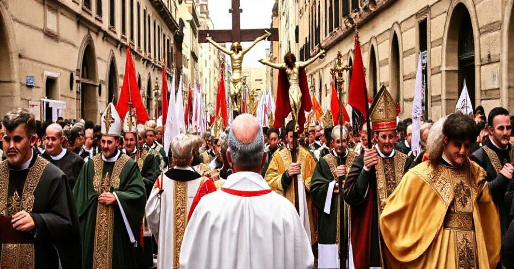 Procesja katolicka z honorowaniem Chrystusa Króla, uczestnicy w tradycyjnych szatach kościelnych, z wielkim krzyżem i transparentami, modlący się w uroczystej atmosferze.