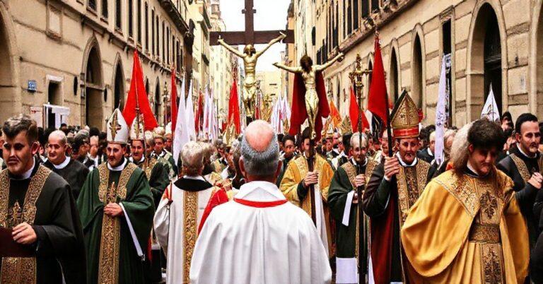Procesja katolicka z honorowaniem Chrystusa Króla, uczestnicy w tradycyjnych szatach kościelnych, z wielkim krzyżem i transparentami, modlący się w uroczystej atmosferze.