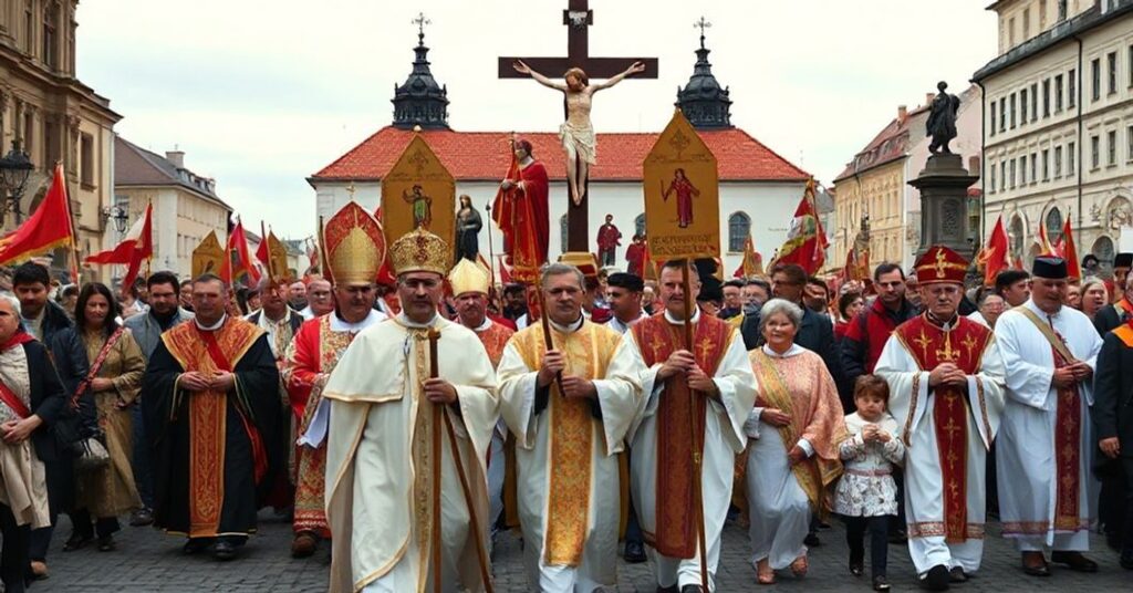 Procesja katolicka w Czechach z bannermi Chrystusa Króla i świętych symbolami na tle historycznego rynku