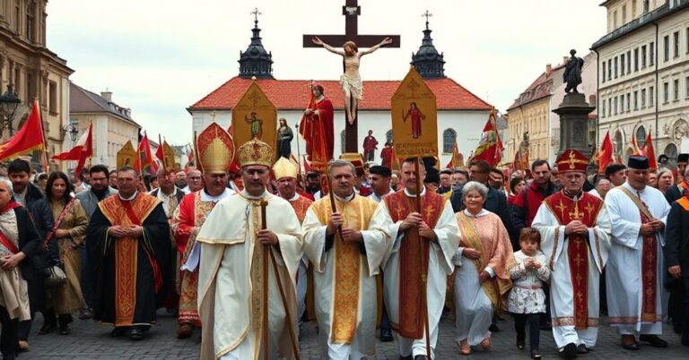 Procesja katolicka w Czechach z bannermi Chrystusa Króla i świętych symbolami na tle historycznego rynku