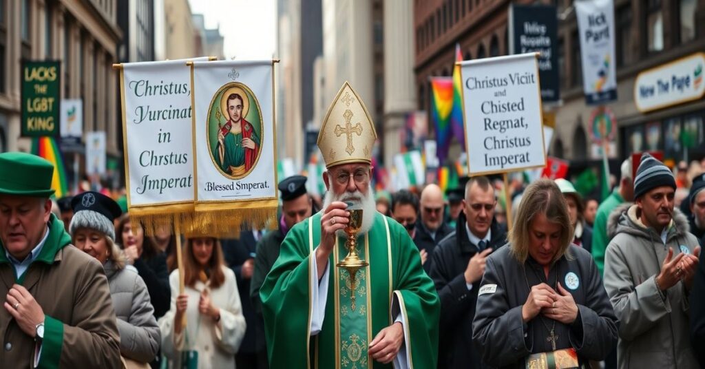 Procesja katolicka podczas Święta św. Patryka w Nowym Jorku z Najświętszym Sakramentem i modlącymi się wiernymi.