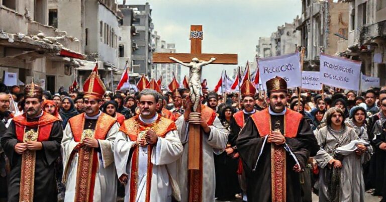 Procesja katolicka w Strefie Gazy z krzyżem i transparentem "Chrystus Król" w tle zniszczonych budynków