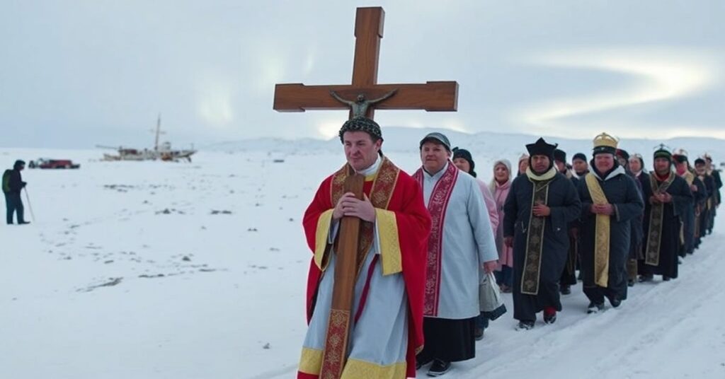Procesja katolicka na Grenlandii z krzyżem w śnieżnym krajobrazie