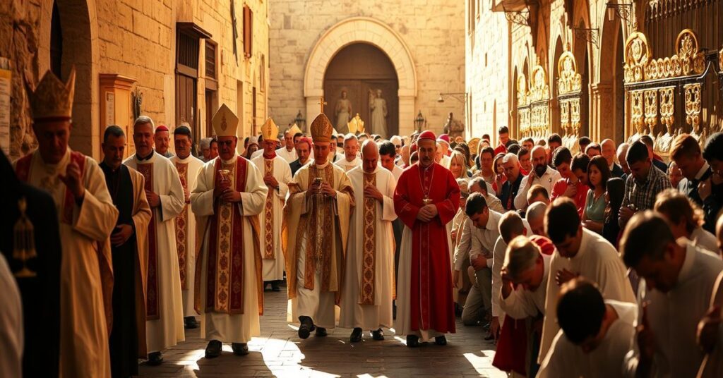 Katolickie nabożeństwo w Jerozolimie z monstrancją i kapłanami w szatach liturgicznych przed zamkniętymi bramami Grobu Świętego.