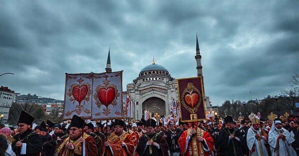 Procesja katolicka przed Hagią Sophią w Stambule, symbolizująca prześladowania chrześcijan w Turcji.