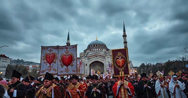 Procesja katolicka przed Hagią Sophią w Stambule, symbolizująca prześladowania chrześcijan w Turcji.