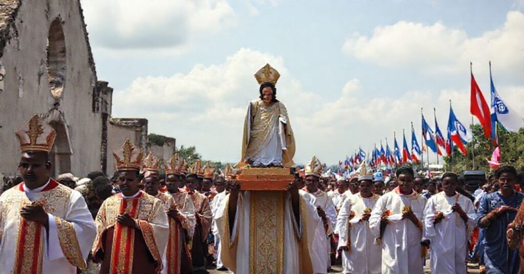 Procesja katolicka w Haiti z kapłanami w tradycyjnych szatach liturgicznych niosącymi figurę Chrystusa Króla. Tło: zniszczony kościół i pojazdy wojsk ONZ.
