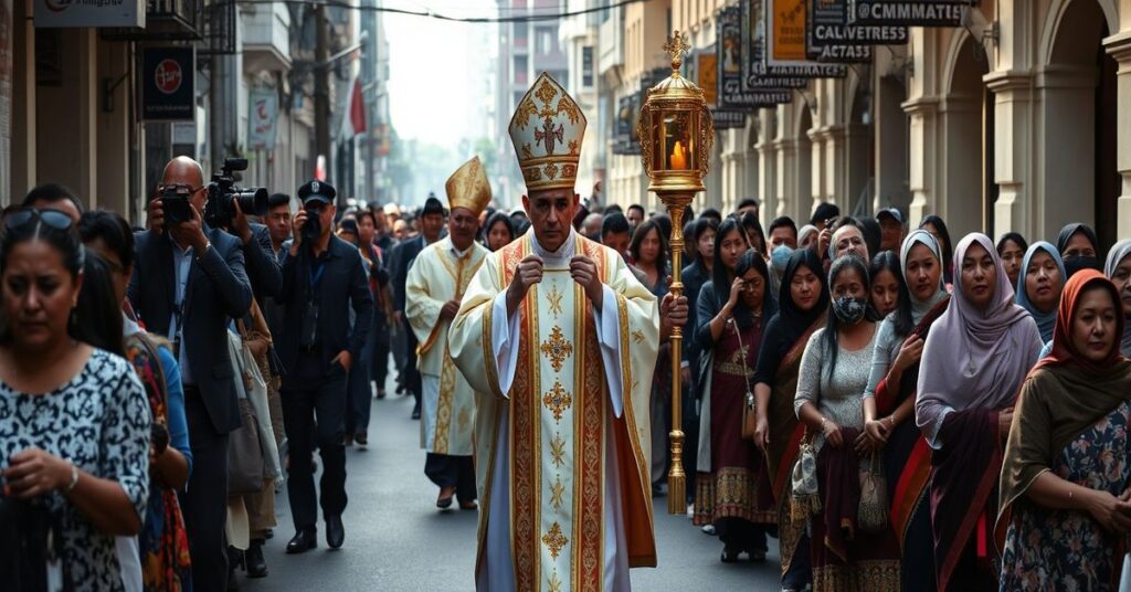 Procesja katolicka z monstrancją pod przewodnictwem biskupa na tle represji dziennikarzy i ofiar handlu ludźmi w Kambodży.