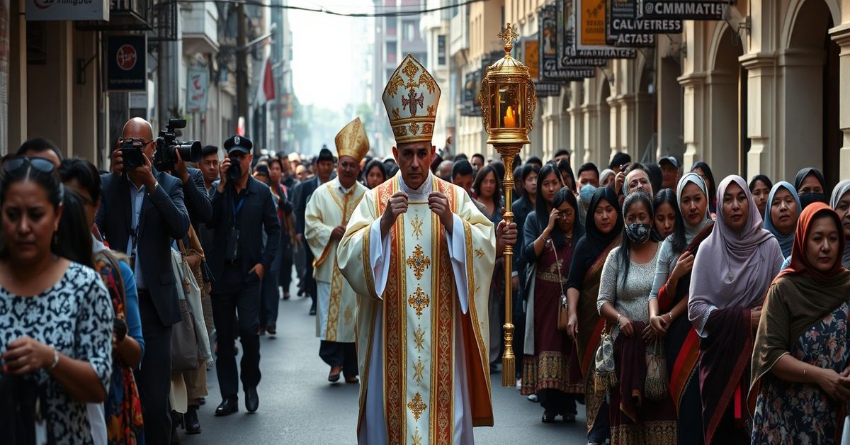 Procesja katolicka z monstrancją pod przewodnictwem biskupa na tle represji dziennikarzy i ofiar handlu ludźmi w Kambodży.
