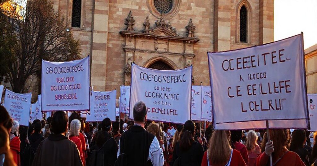 Procesja katolicka w Hiszpanii z modlącymi się wiernymi pod hasłem "Obrona nienarodzonych" przed historycznym kościołem w świetle zachodu słońca.