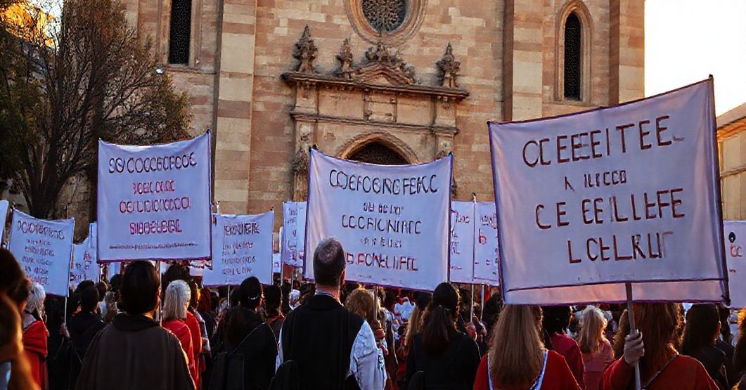 Procesja katolicka w Hiszpanii z modlącymi się wiernymi pod hasłem "Obrona nienarodzonych" przed historycznym kościołem w świetle zachodu słońca.