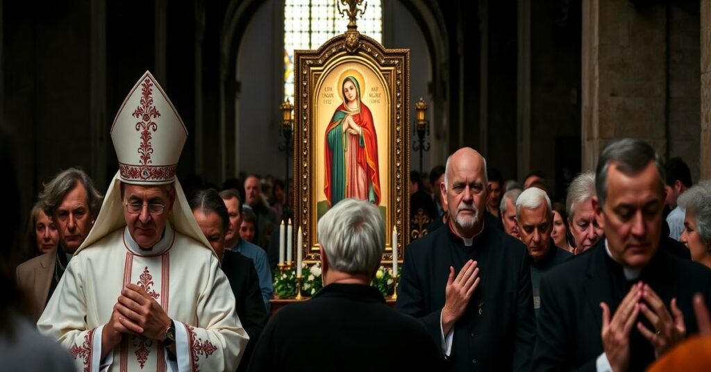 Uroczysty katolicki procesja z ikoną Matki Bożej Jasnogórskiej w diecezji rzeszowskiej, z biskupem Janem Wątroba i księdzem Tomaszem Nowakiem. Scena przedstawia wiernych w modlitwie, podkreślając sakralność pielgrzymki.