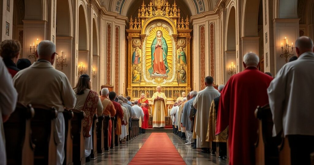 Rewersyjna scena katolickiej procesji z obrazem Matki Bożej Jasnogórskiej, wierni w modlitwie, tradycyjne vestmenty, wyważona i głęboka atmosfera religijna