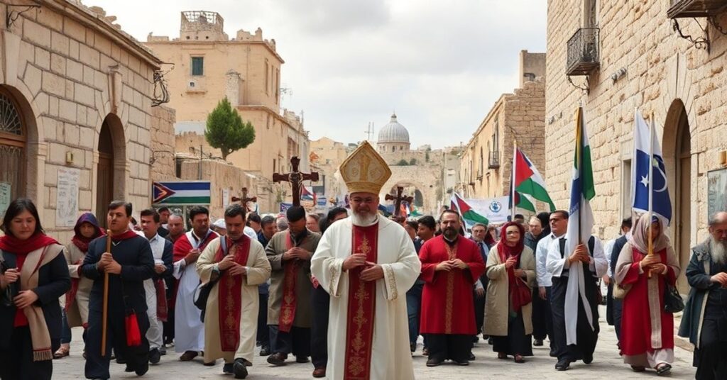 Procesja katolicka w Jerozolimie przed zniszczonymi budynkami UNRWA, symbolizująca walkę o Ziemię Świętą.