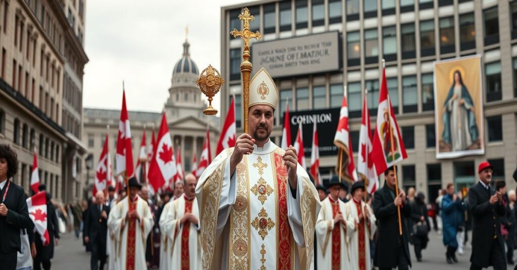 Uroczysta procesja katolicka w Kanadzie z monstrancją Chrystusa-Króla przeciwko polityce otwartych granic