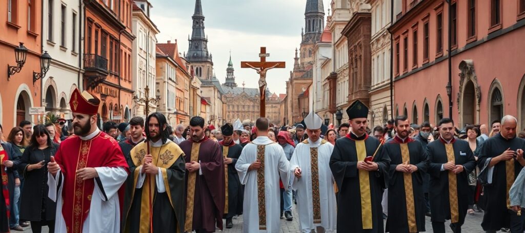Tradycyjna katolicka procesja z krzyżem i modlącymi się wiernymi w Krakowie