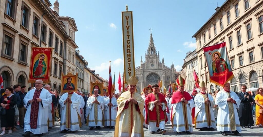 Procesja katolicka z udziałem biskupów, duchowieństwa i wiernych w tradycyjnych habitach. Na tle gotyckiej architektury i katedry. Akcent na ikonach Chrystusa Króla i Matki Bożej z Guadalupe.