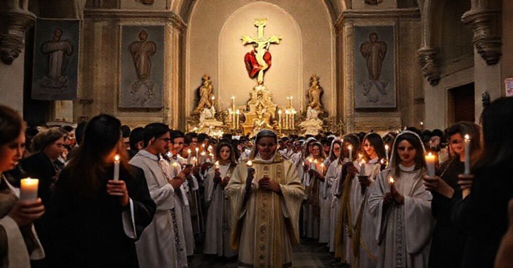 Pielgrzymka katolicka w La Spezia przeciwko ideologii gender z udziałem duchowieństwa i wiernych w tradycyjnym kościele.