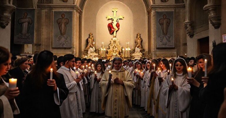 Pielgrzymka katolicka w La Spezia przeciwko ideologii gender z udziałem duchowieństwa i wiernych w tradycyjnym kościele.