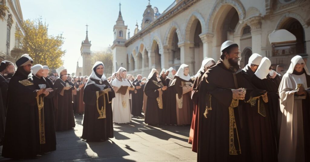 Katolicka procesja podczas Lednicy 2026 z udziałem tradycyjnych kapłanów i wiernych modlących się różańcem