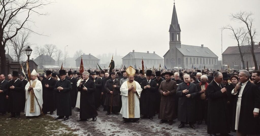 Uroczysta katolicka procesja w Lublinie po powstaniu styczniowym w 1863 roku, modląc się za duszami buntowników przed spalonymi kościołami i polami